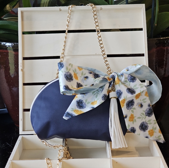 Christian Dior Navy Blue Clutch w/Crossbody Chain, Tassel, & Twilly Added - Picture 9 of 16